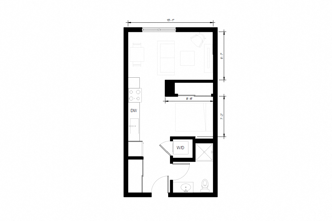 Floor plan for studio, 1 bath, 472 sqft